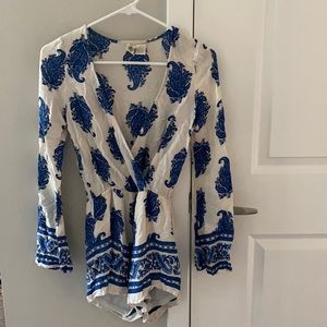 Blue and white long sleeve romper